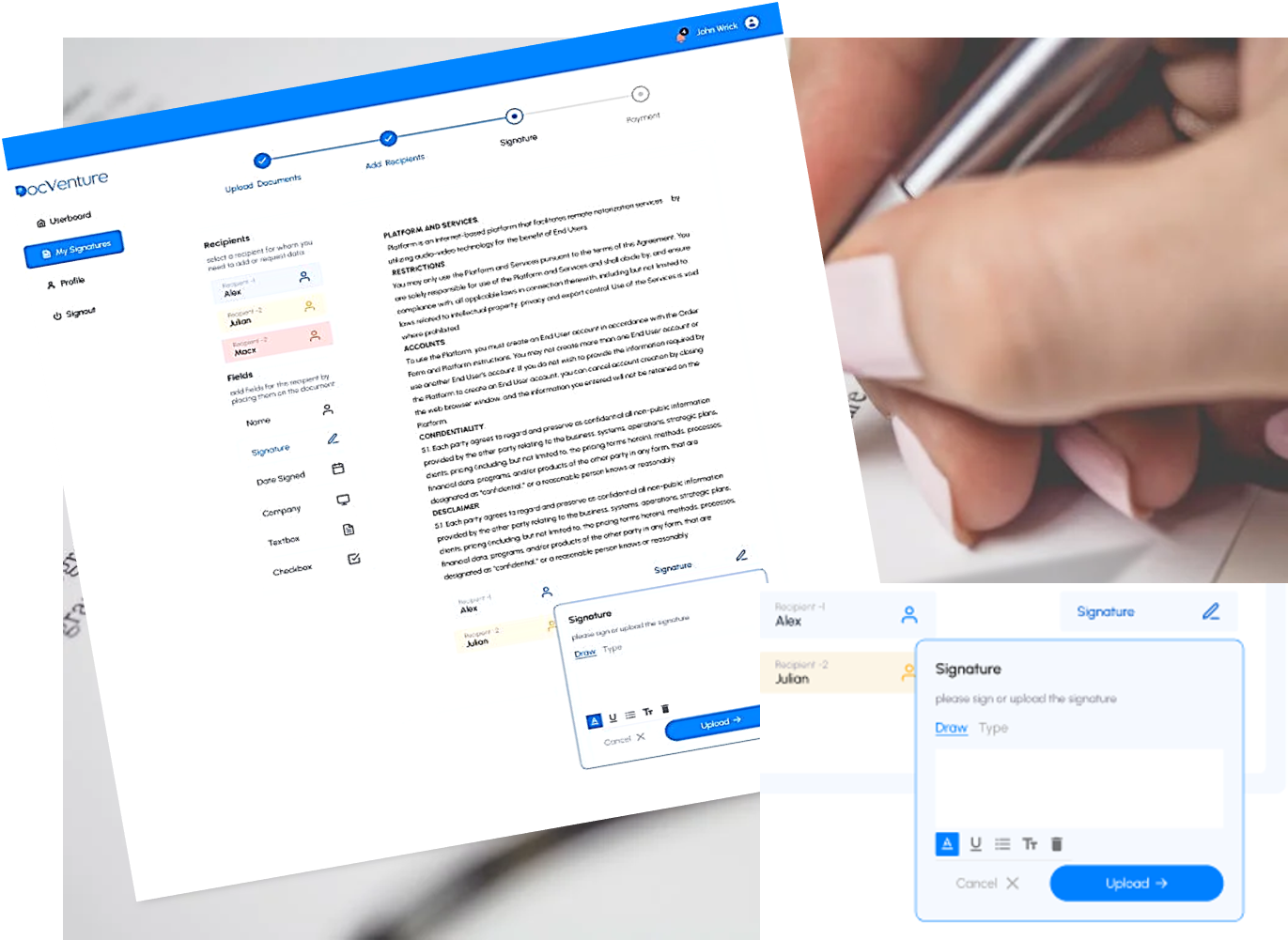DocVenture eSignature interface showing document upload, recipients, and signature placement